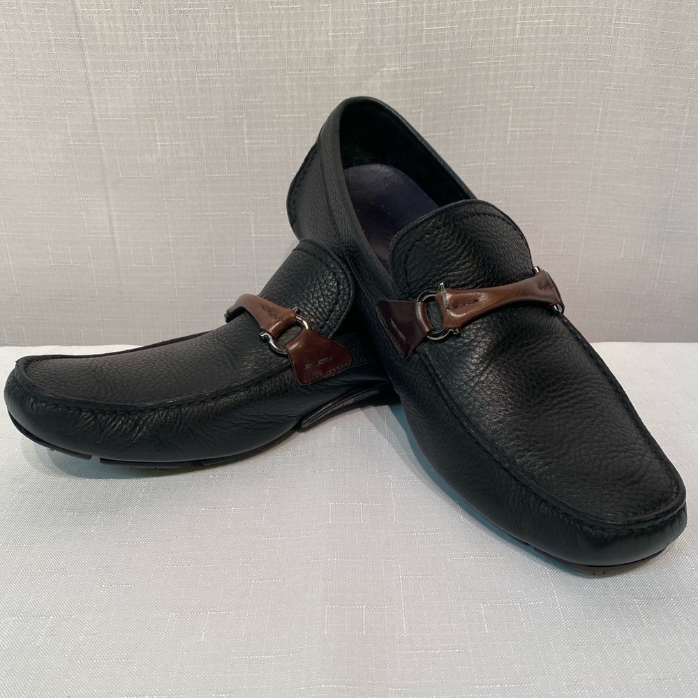 Ferragamo Grand Prix Gancini Bit Black Pebbled Leather Driving Loafers  8.5 EE